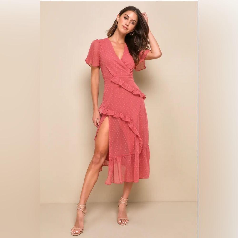 Lulus Next to You Rusty Rose Swiss Dot Ruffled Midi Dress Women’s XS NEW